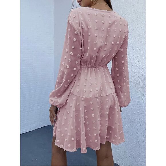 KIRUNDO Dress Long Sleeves V Neck Flowy Mini Dress Swiss dot Chiffon S - Picture 2 of 5